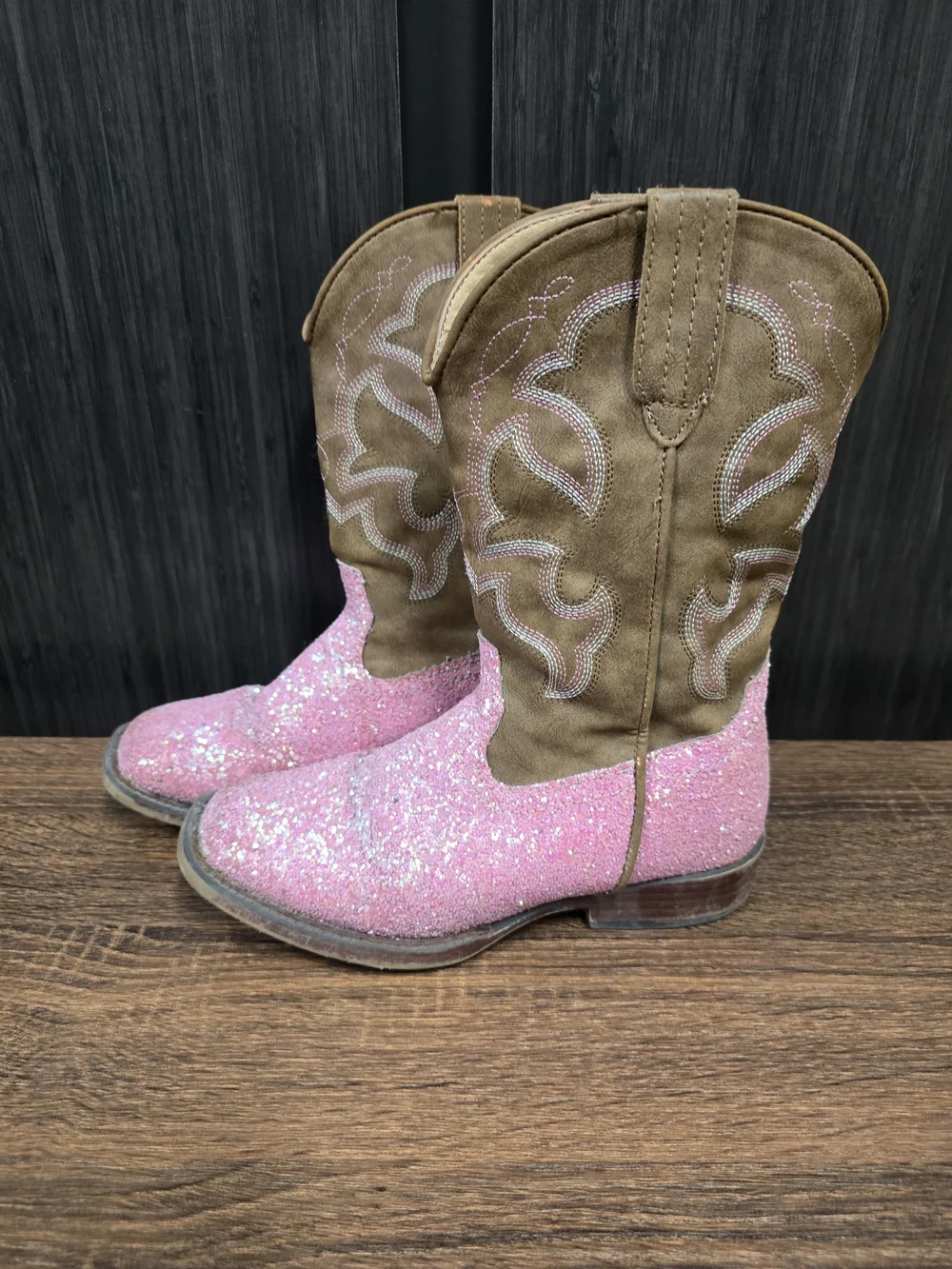 Roper Little Kids Girls Size 2 Pink Glitter Western Cowboy Boots Brown Embroider